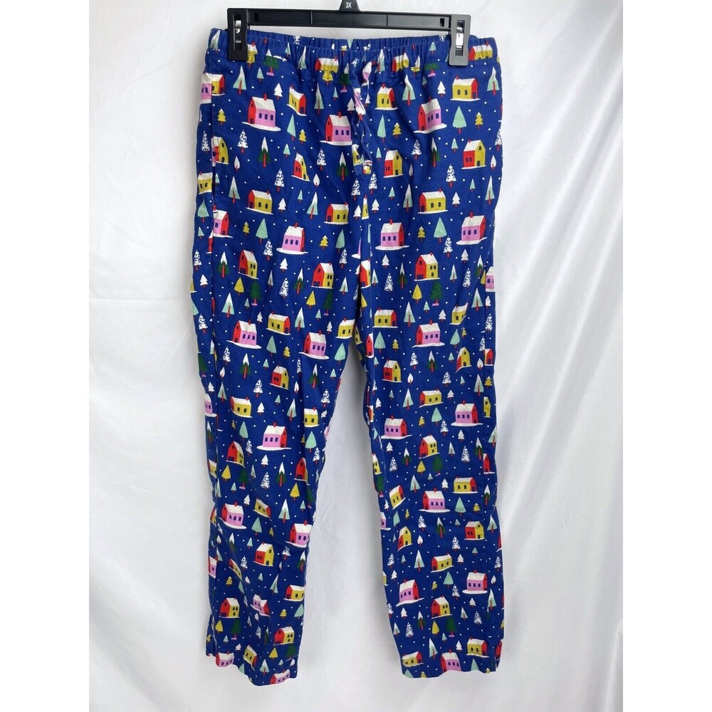 Hanna Andersson Adult Small PJ Blue Fleece Pants Cotton Houses Snow Trees - Picture 1 of 4
